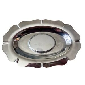 Krome Craft Oval Scalloped Edge Serving Tray Metal Appetizer Dish Mid Century